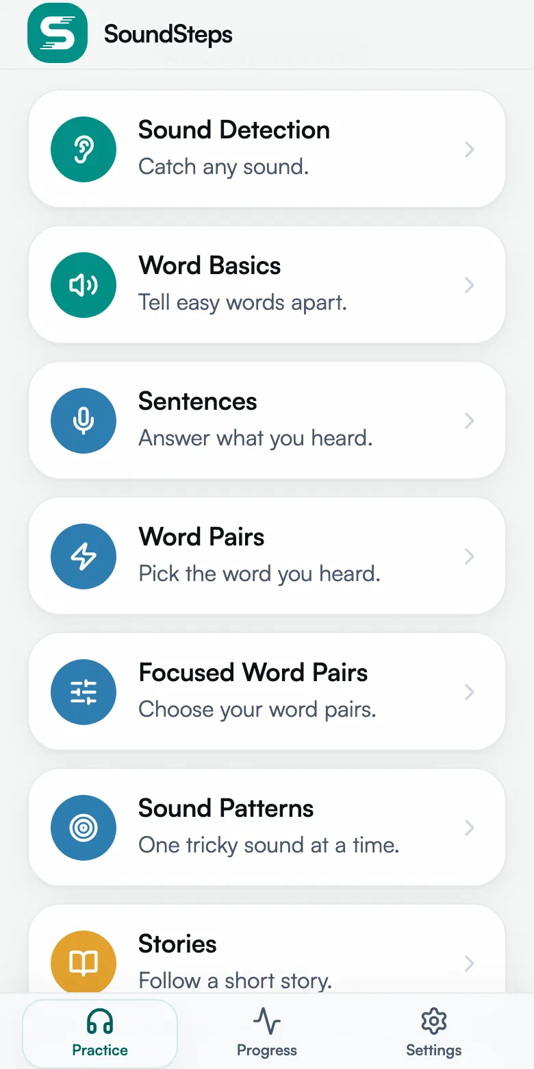 The SoundSteps activity list: sound detection, word basics, sentences, word pairs, sound patterns and stories.