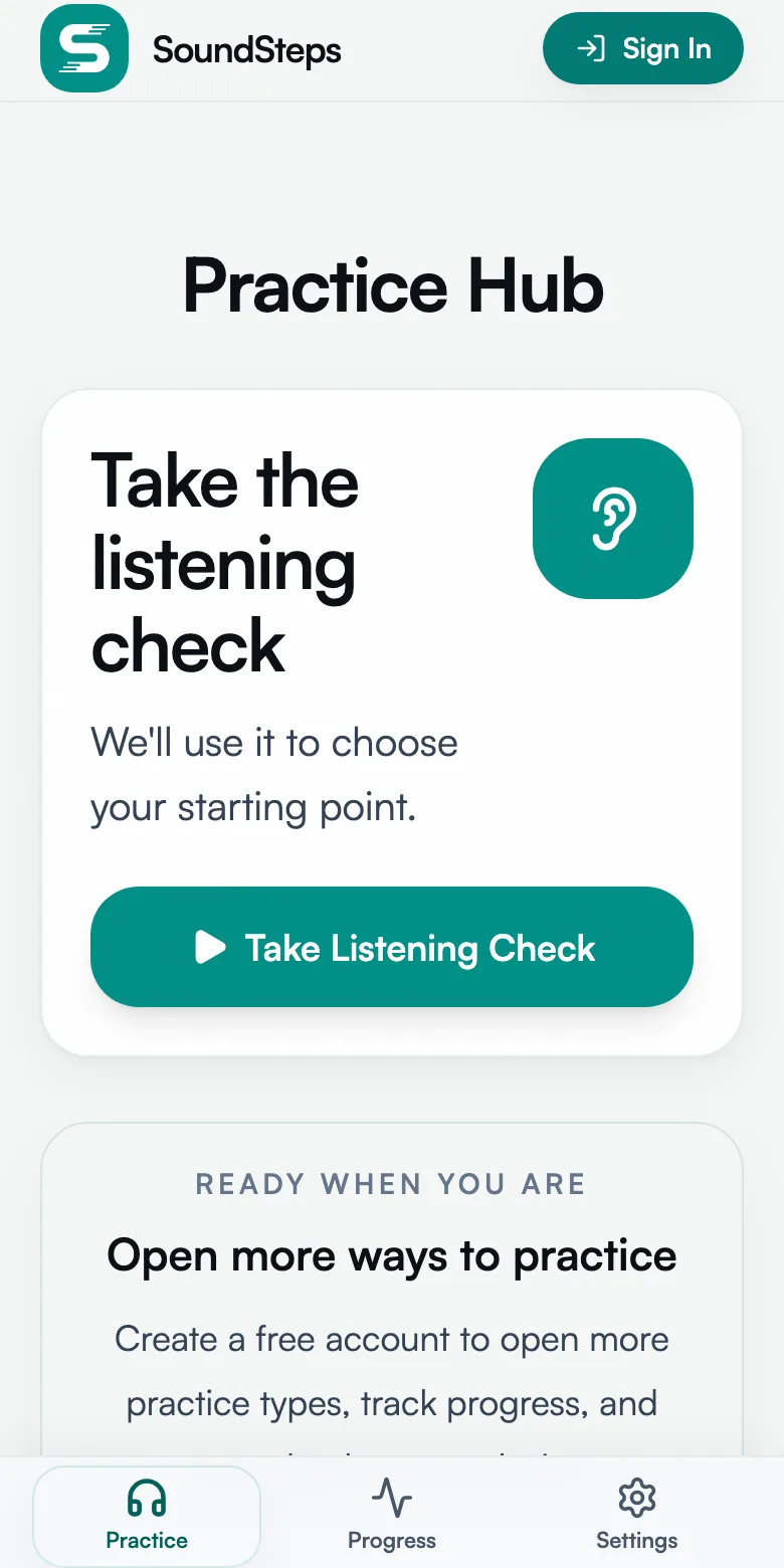 The SoundSteps practice screen showing the available listening activities.