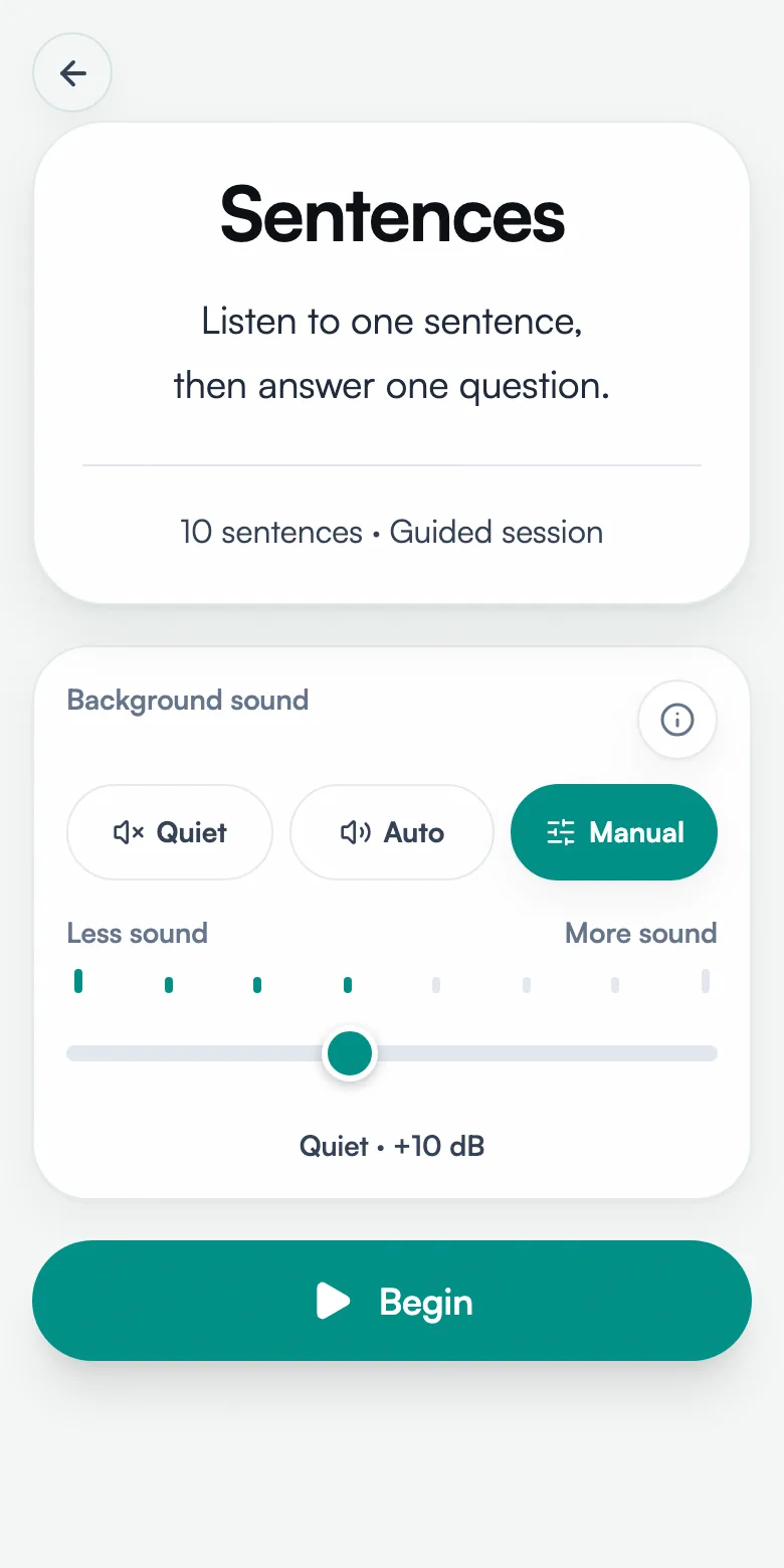 The start of SoundSteps sentence practice, with a background sound control above the start button.