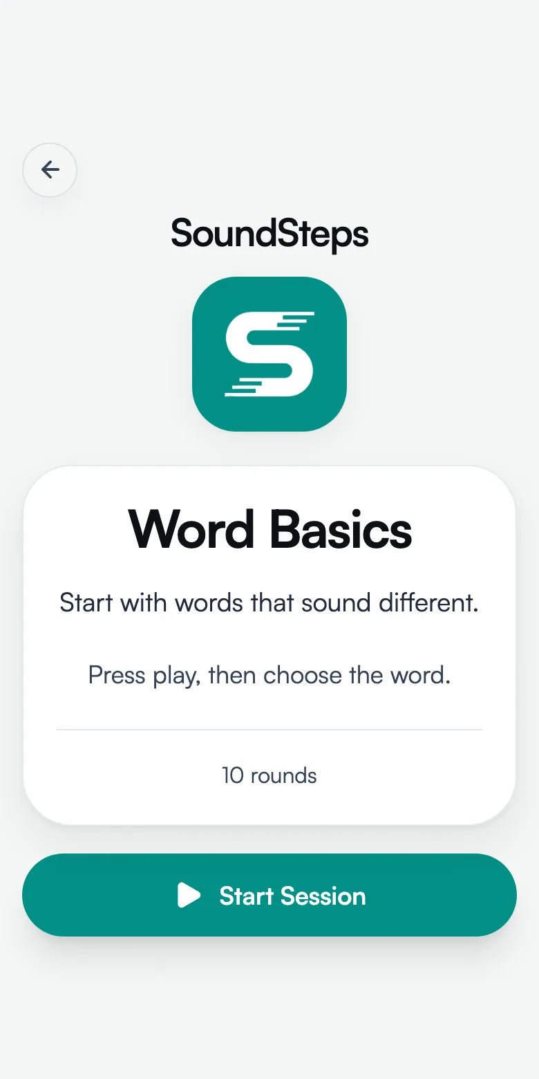 A SoundSteps word exercise: press play, then choose which word you heard.