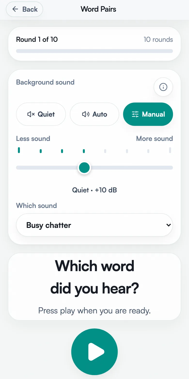 A SoundSteps word pair round asking "Which word did you hear?", with a play button and a control for background sound.